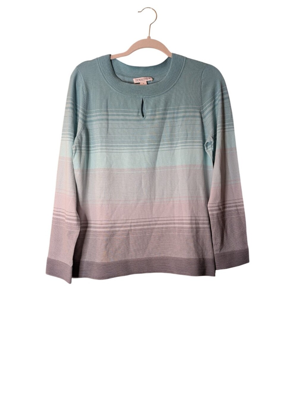 Pendleton silk blend Keyhole Sweater Pastel Ombre Stripe Knit Crewneck Medium - Picture 8 of 8